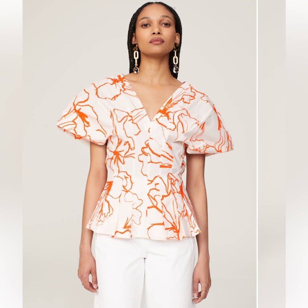 Eudon Choi White & Orange Poplin Flutter Sleeve V-Neck Pleated Top Size 10